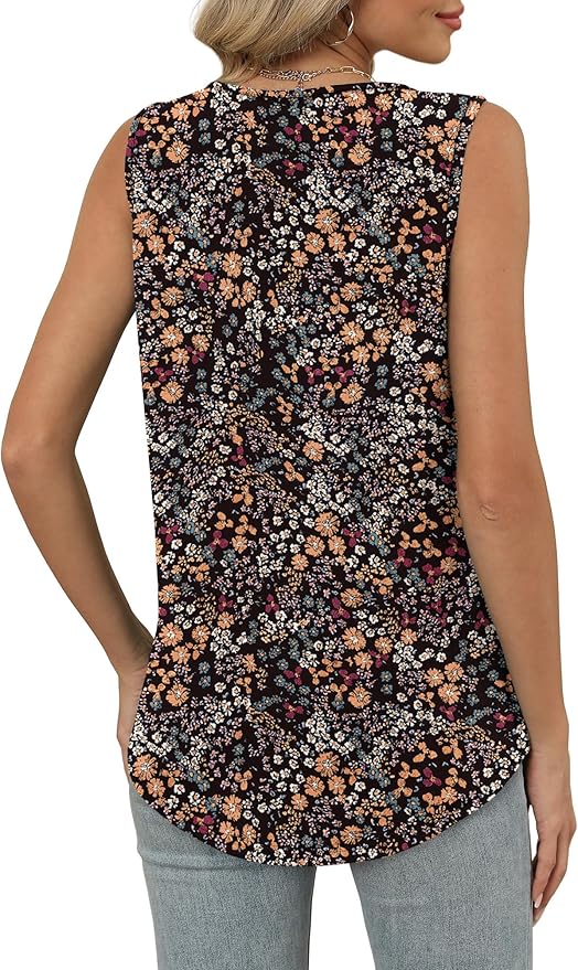 OFEEFAN Tank Top for Women Loose Fit Sleeveless Shirts V Neck Summer Clothes Ruched Women's Tees and Tanks Curved Hem