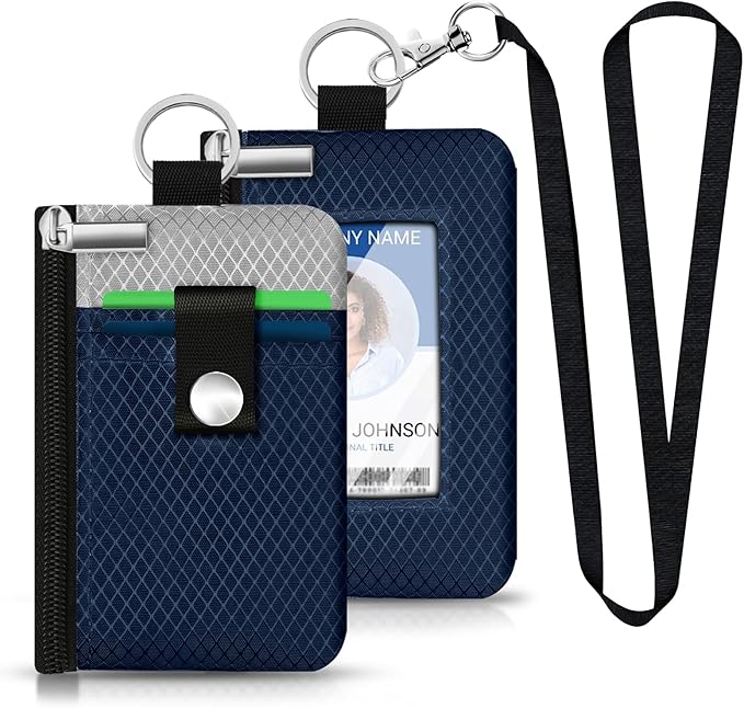 Minimalist RFID Blocking Small Wallet with ID Window,WaterResistant Zip Id Case Wallet with Lanyard Keychain for Cards,Cash,Travel,Women,Men (Dark Blue/Light Gray)