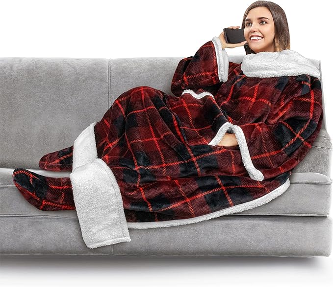 PAVILIA Sherpa Blanket with Sleeves, Foot Pocket for Women Men Adults, Thick Wearable Blanket Throw Wrap, Fleece Warm Snuggle Blanket Robe, Cozy Gift Ideas Wife Mom, Plaid Red