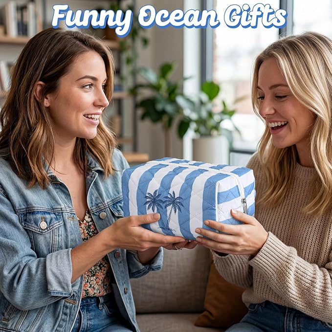 Hillban Ocean Quilted Cosmetic Bag Ocean Themed Gift Starfish Coral Seashell Essential Makeup Bag for Women Summer Travel Vacation Survival Kit Mother's Day Bulk Gift 8.7 x 4.3 x 4.3 in(Coconut Trees)