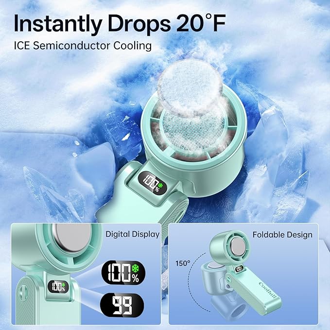 Handheld Portable Fan with Ice Cooler: 199-Speed 5500mAh Rechargeable Handheld Fan, 12H Time Hand Cooling Personal Fans with 20000 RPM Air Turbo Tech for Travel Outdoor (Green)