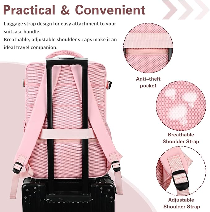 Carry On Backpack for Women & Men – Airline Approved Underseat Size, 15.6" Laptop Compartment, TSA-Friendly 180° Opening, Anti-Theft Business Travel Backpack with Trolley Sleeve(Pink, Medium)