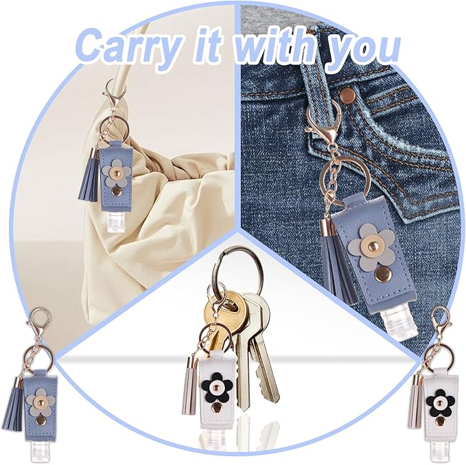 2 Packs Hand Sanitizer Keychain Holder, Portable Leather Mini Hand Sanitizer Gel Holder Keychain Travel Size Bottle (Blue 、White)
