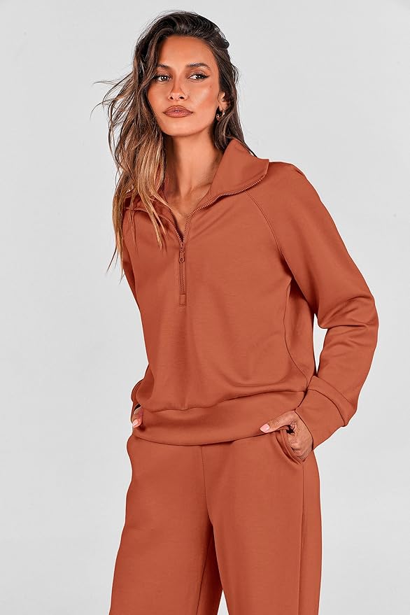 PRETTYGARDEN Women's 2 Piece Outfits Casual Lapel Half Zip Sweatshirts and Wide Leg Pants Tracksuit Sets