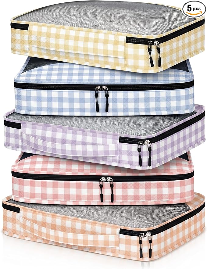 5 Pcs Packing Cubes for Suitcase Large Travel Cubes Carry on Luggage Organizer Bags for Clothes Accessories(L,Plaid)