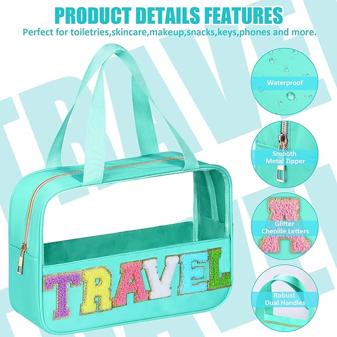 BuyCard Chenille Letter Patch Clear Travel Bags, Preppy PVC&Nylon Makeup Bag with Handle and Zipper, Waterproof Large Clear Travel Toiletry Bag Storage Bag for Women Girls