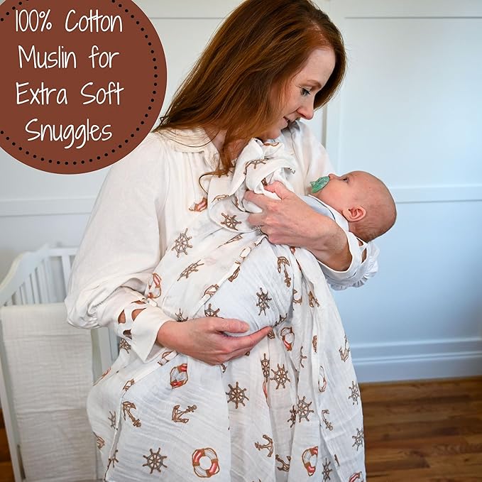 LollyBanks Muslin Swaddle Blanket, 100% Muslin Cotton Neutral Baby Blanket for Girls and Boys, 47 X 47 Inches Soft and Cozy Newborn Swaddle Lightweight, Baby Essential, Registry (Boat Anchor Print)