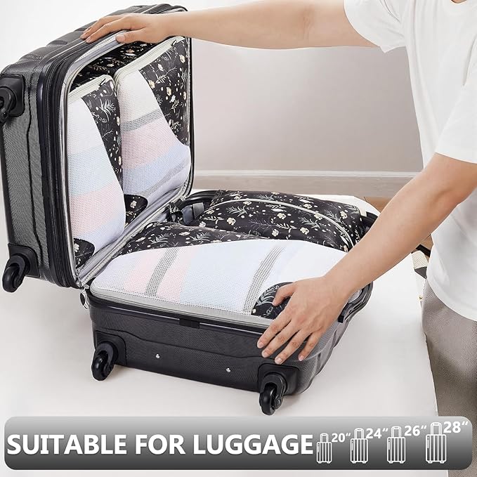 8 Set Packing Cubes for Travel, Gifts for Women Mom,Anti-Tearing Suitcase Organizer for Luggage with Shoe & Hanging Toiletry Bag,OlarHike Vacation Essentials & Accessories for Cruise Ship,Black Flower