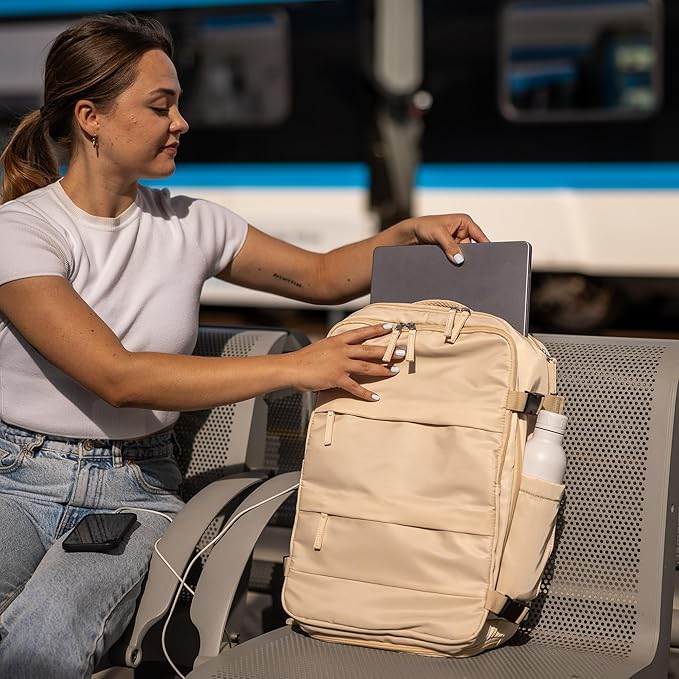 Carrywell (Not Made In China) Travel Backpack Airline Approved, Carry-On Underseat, Holds 15.6 or 16 Inch Laptop, Personal Item Bag with Shoe Compartment For Men Women, Beige 30l