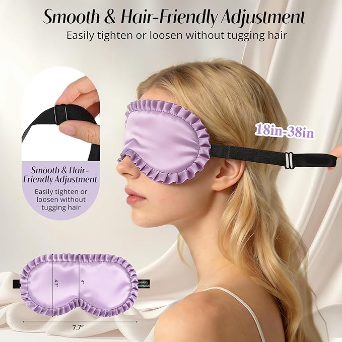 Silk Sleep Mask for Women: 100% Mulberry Silk Eye Mask, Black Back Sleeping Mask for Light Blocking, Soft Wavy Edge Eye Cover and Adjustable Strap, Travel & Sleep Gift (Purple)
