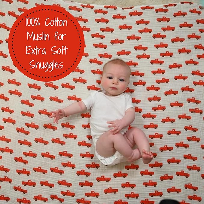 LollyBanks Muslin Swaddle Blanket, 100% Muslin Cotton Soft Baby Blankets for Boys, 47 X 47 Inches Breathable and Lightweight Baby Receiving Blankets, Newborn Essentials, Registry (Truck Print)