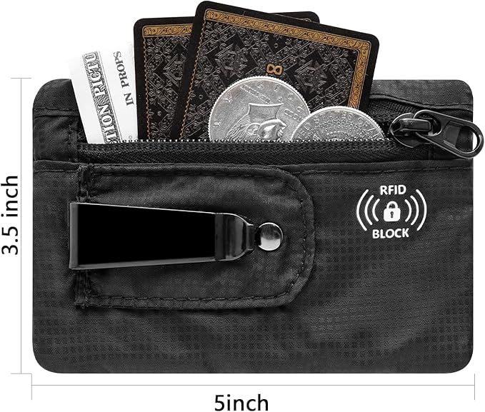 KOSMCCO RFID Blocking Clip Stash Pocket, Compact Hidden Travel Belt Wallet for Cards & Cash - Slim Pickpocket-Proof Design for Everyday Carry (Black, Medium)