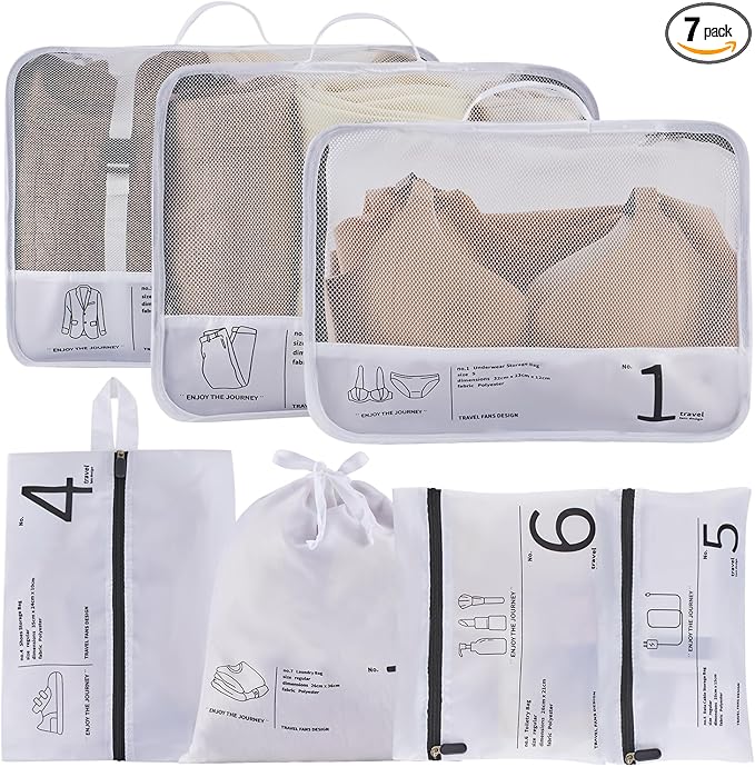 7PCS Packing Cubes for Travel Luggage Organizers Shoe & Toiletry Bag Light Packing Cubes Clothing Underwear Bag Accessories and Essentials for Mom & Women (White)
