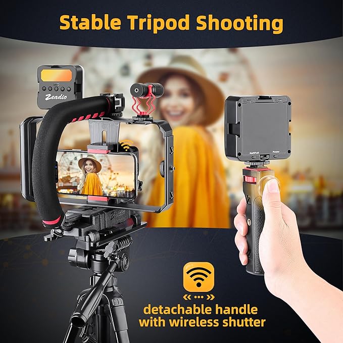 Zeadio All-in-One Smartphone Camera Stabilizer Kit, Portable Handheld Video Rig with RGB Video Light and Microphone, Fits for All Camcorder, Camera, DSLR and All iPhone and Android Smartphones