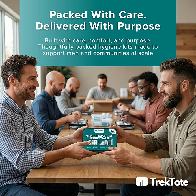 TrekTote Bulk Men’s Travel Hygiene Kits Case Pack of 12 Piece Kits TSA Approved Travel Size Toiletry Kits with Toothbrush Toothpaste Deodorant Razor for Shelters Outreach Emergency Use