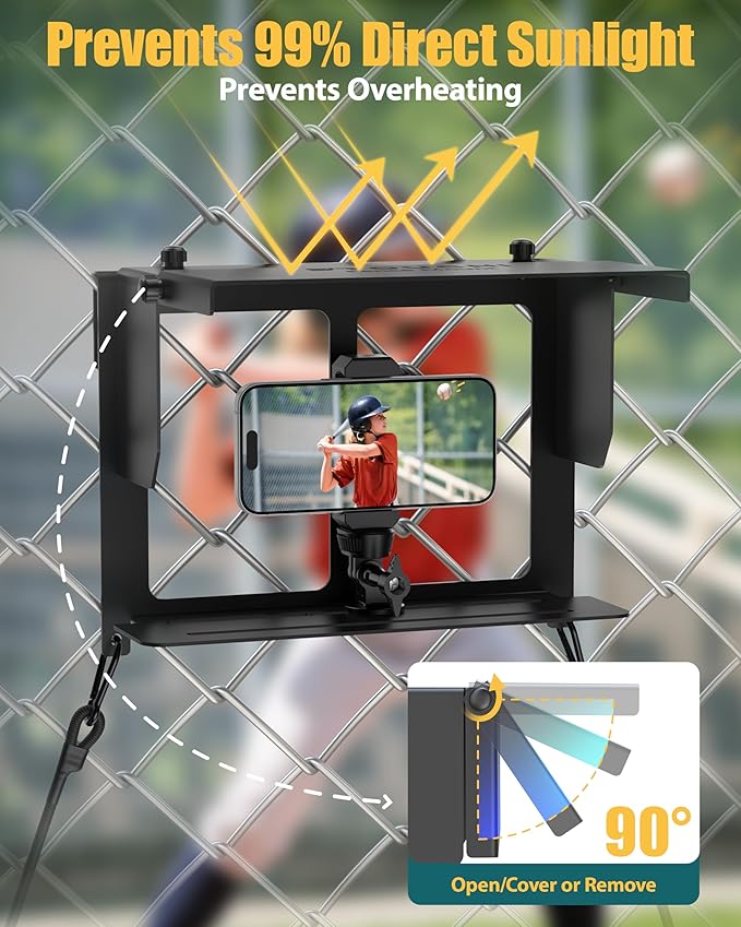 Stouchi Game Changer Mounting Kit, Fence Mount with Adjustable Sun Shade Power Bank Clip, Stable No-Shake Recording Kit for iPhone, Samsung, GoPro, Mevo Start for Baseball Softball Tennis