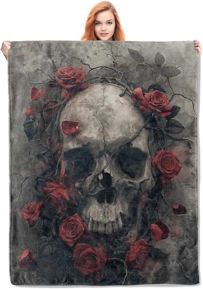 Skull Rose Blanket, Horror Skulls Flannel Throw Blankets,Soft Warm Lightweight Cozy Plush Skull Throws for Bedroom Sofa Office Home Decor for Adults Men 60"x50"