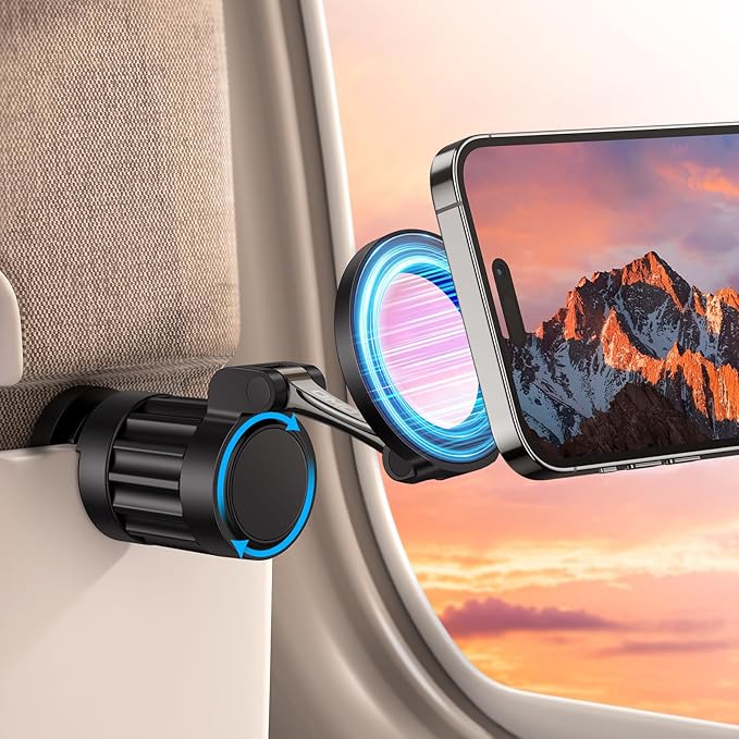 OMOTON 360°Rotating Magnetic Airplane Phone Holder Mount, for Magsafe Airplane Travel Essentials Accessories, Adjustable Foldable Universal Handsfree Phone Stand for iPhone 17 16 15 14 Pro Max Air