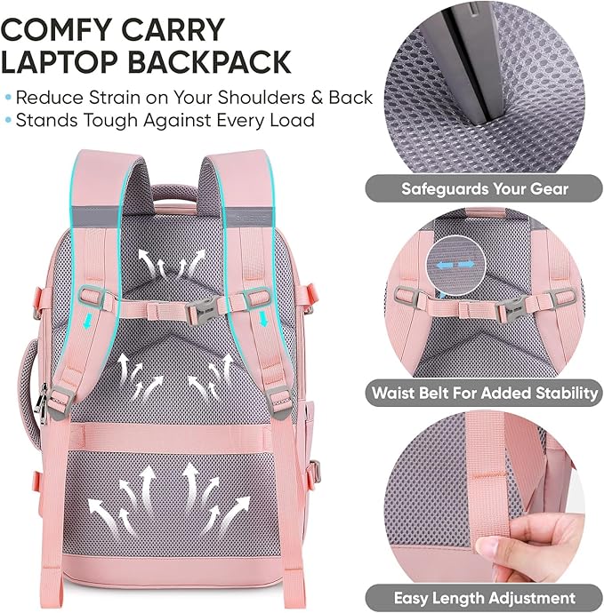 BALEINE Travel Backpack for Women Men, Large Sturdy Carry On Laptop Backpack Gifts for Business, Casual, Weekender, Hiking (Large, Pink)