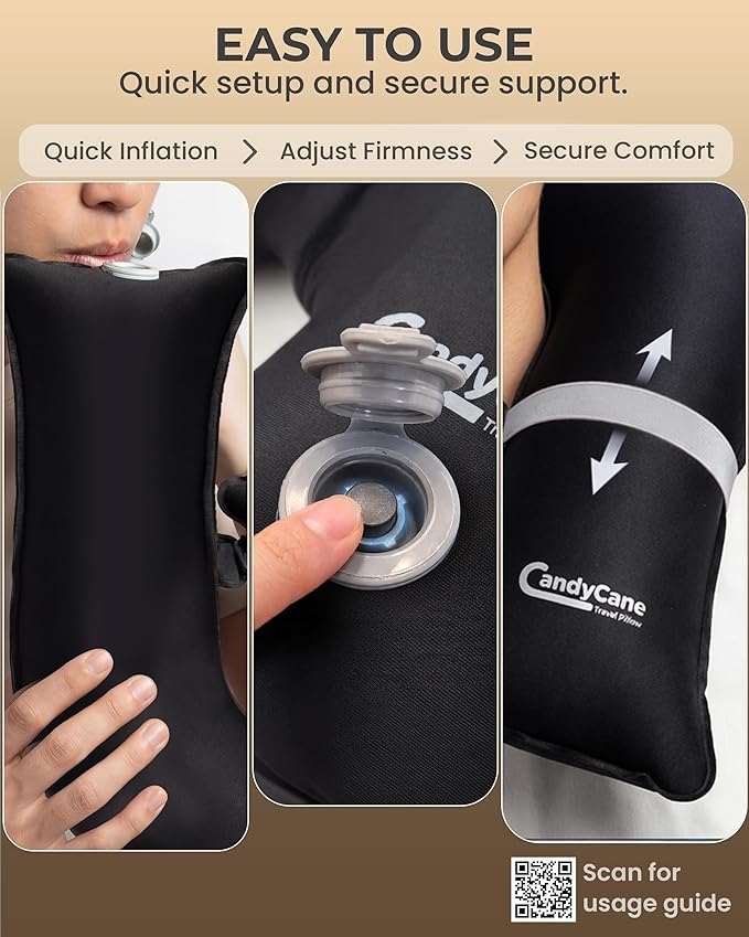 CANDY CANE Inflatable Neck Pillow for Airplane Travel with JShaped Design and 360° Support - Window Leaning Head & Chin Rest for Long Flights - Compact Blow Up for Air Travel