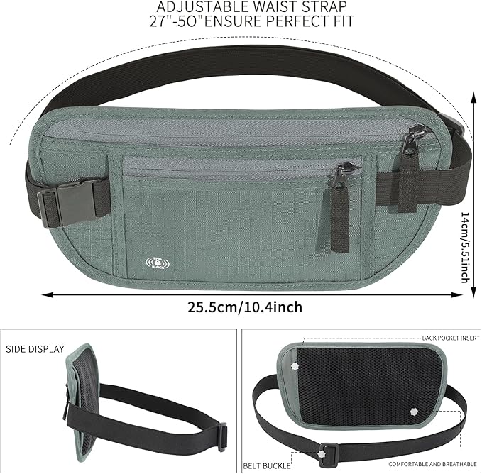 Money Belt for Travel, RFID Blocking, Hidden Money Belt, Passport Holder for Travel (Dark Green)