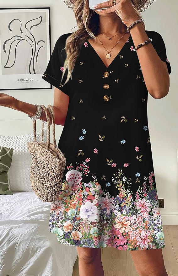 WIHOLL Summer Dresses for Women with Sleeves Midi Dress Button Down Beach Vacation Casual Dresses Fashion Clothing