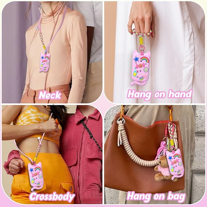 Juome Hand Sanitizer Spray Case for Touchland with Adjustable Keychain Lanyard & Charms, Cat Silicone Protective Holder for Touch Land Mist Case 1FL. OZ, Travel Cover Sleeve Accessory - Pink