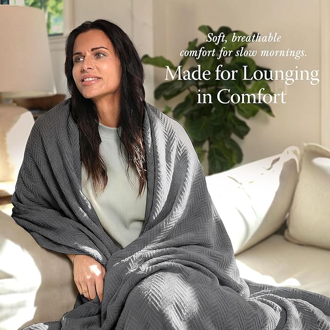 Threadmill Luxury Cotton Blankets for King Size Bed | All-Season Cozy 100% Cotton King Size Blanket | Herringbone Soft Fall Thermal Blanket fits California King Size Bed | Dark Grey