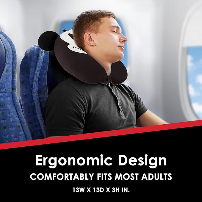 FUL Disney Mickey Mouse Neck Pillow, Travel Accessories with 3D Ears for Airplane, Car and Office, Comfortable and Breathable, Black
