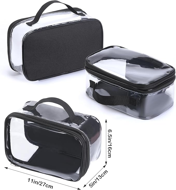 BORMELUN Large Clear travel bags for toiletries pouches carry on reusable,purse see-through plastic pvc TSA airport approved with handle (Black)