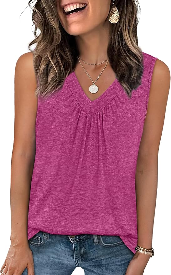 OFEEFAN Tank Top for Women Loose Fit Sleeveless Shirts V Neck Summer Clothes Ruched Women's Tees and Tanks Curved Hem