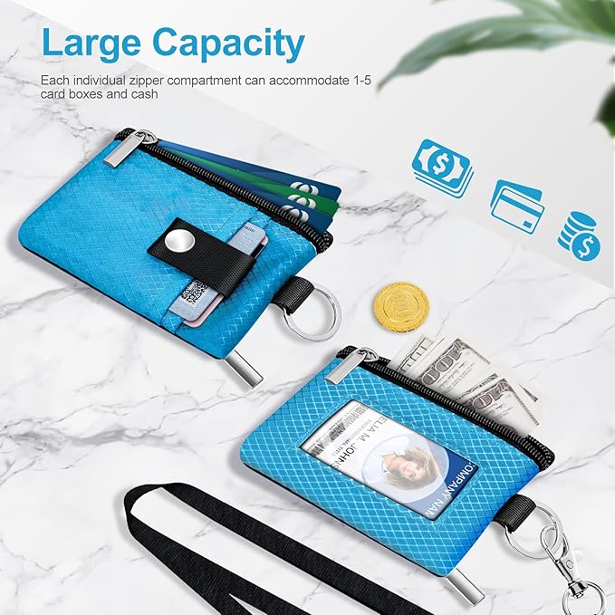 Minimalist RFID Blocking Small Wallet with ID Window,WaterResistant Zip Id Case Wallet with Lanyard Keychain for Cards,Cash,Travel,Women,Men (Lake Blue)