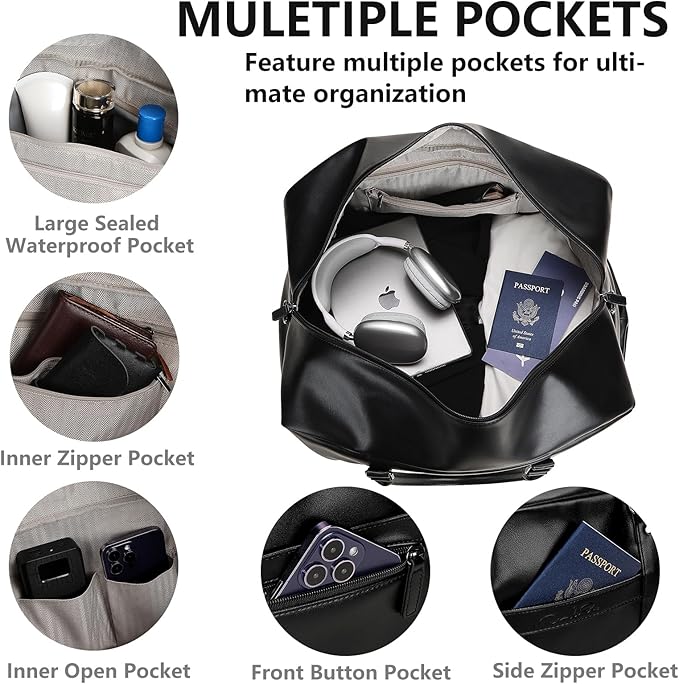 Large 4-in-1 Leather Duffle Bag for Travel Weekender Overnight Hospital Gym Bag for Men & Women, Carry On Airline Approved Personal Item Duffel Garment Bag Luggage with Shoe Compartment & Toiletry Bag