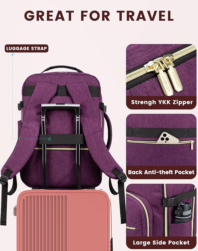 LOVEVOOK Travel Backpack for Women & Men 50L,Airline Approved Carry On Backpack Travel Essential,TSA Carry on Luggage,Waterproof Personal Item Travel Bag,Suitcase with 3 Packing Cube,Dark purple-Black