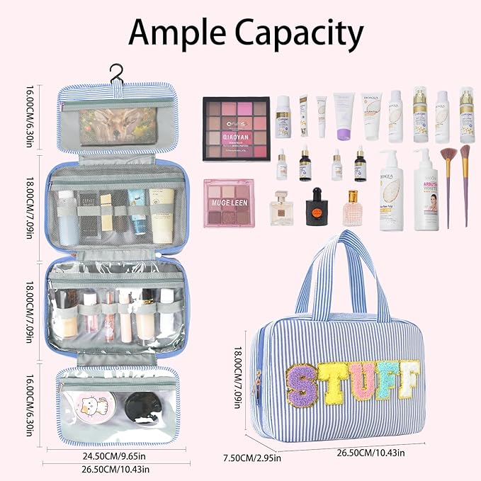Hanging Toiletry Bag for Women Chenille Letter Travel Cosmetic Bag Fashion Stripes Water-resistant Makeup Bag for Store Toiletries Cosmetic Accessories Medium Blue