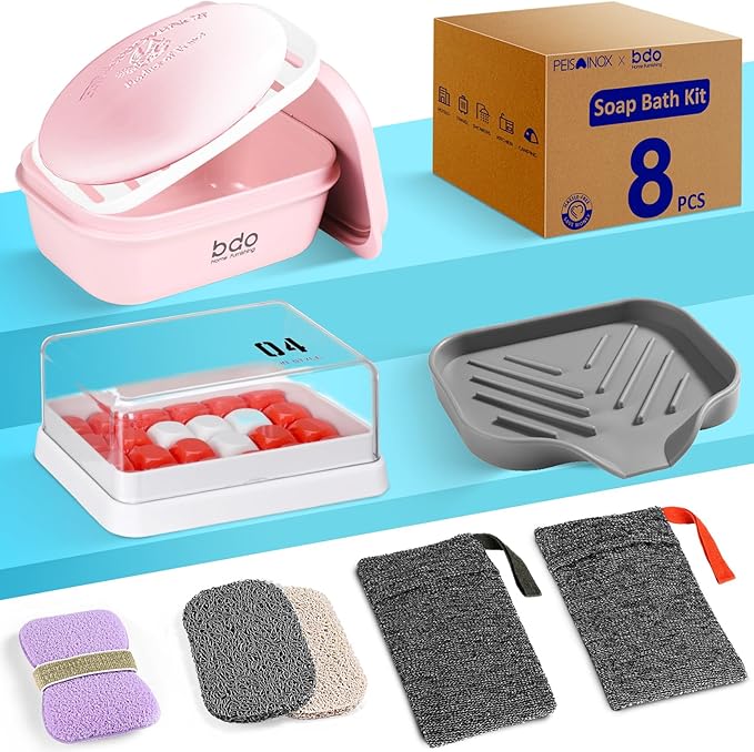 8-Piece Soap Bath Kit with Travel Soap Case Holder Dish Bag Saver, Lathering Pouch for Home, Travel, Camping, Gym, Hotel (Pink)