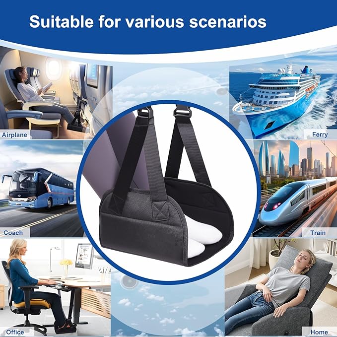 Foot Hammock for Plane Travel, Portable Foot Rest Leg Hammock for Airplane, 2 Straps with an Adjustable Length, Provides Relaxation and Comfortable for Long Flight