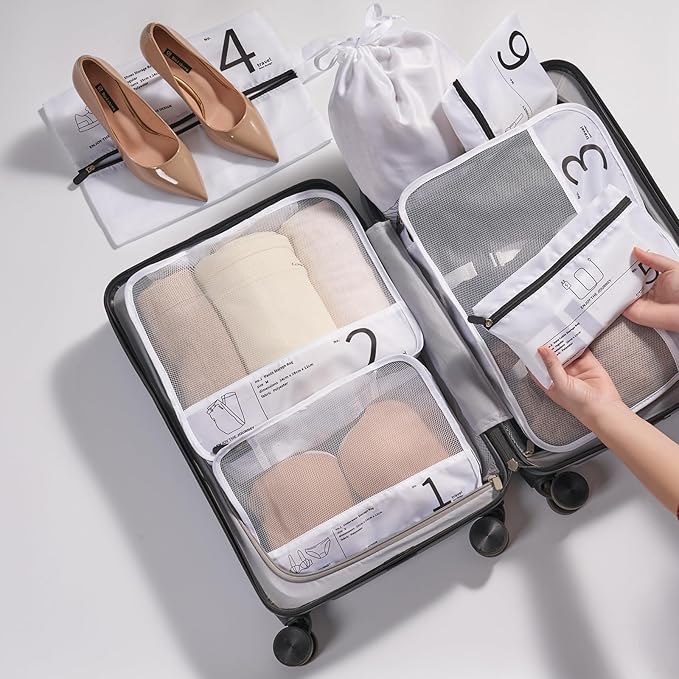 7PCS Packing Cubes for Travel Luggage Organizers Shoe & Toiletry Bag Light Packing Cubes Clothing Underwear Bag Accessories and Essentials for Mom & Women (White)
