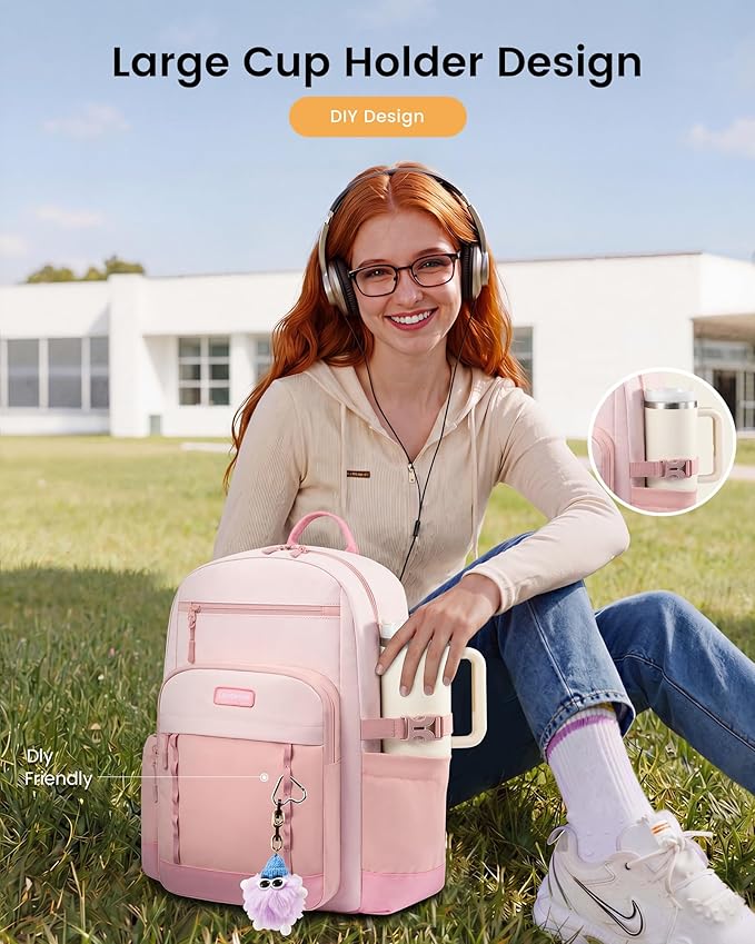 LOVEVOOK Laptop Backpack for Women with Stanley Cup Holder,17 Inch DIY Design Travel Work Backpack Computer Laptop Bag,Waterproof Nurse Teacher College Commuter Backpack Purse,Gift for Women Men,Pink