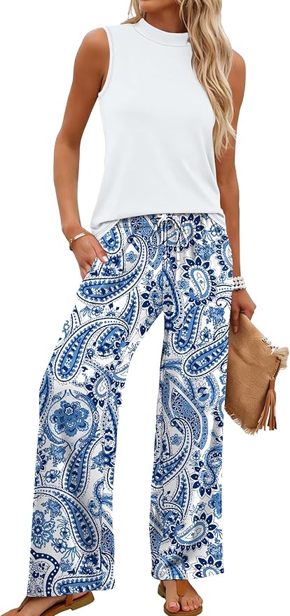WIHOLL Two Piece Set for Women Summer Spring Outfits Cruise Travel Airport Beach Vacation Mock Neck Wide Leg Pants Set