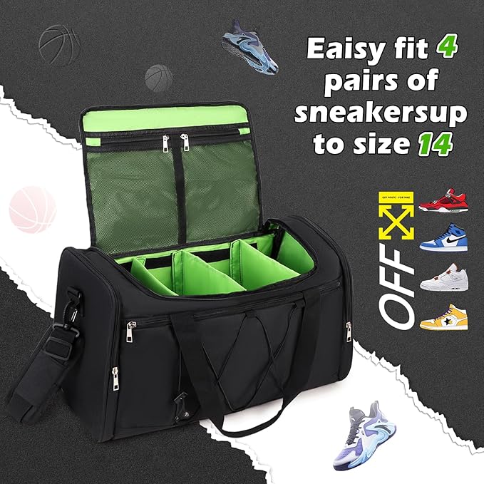 Scothen Sneaker Bag for Travel, Outdoor Sports Gym Bag Shoe Bags for 4 Pairs of Sneakers up to Size 14, Travel Duffel Bags with 3 Adjustable Dividers & Shoulder Strap, Sneakerhead Gift