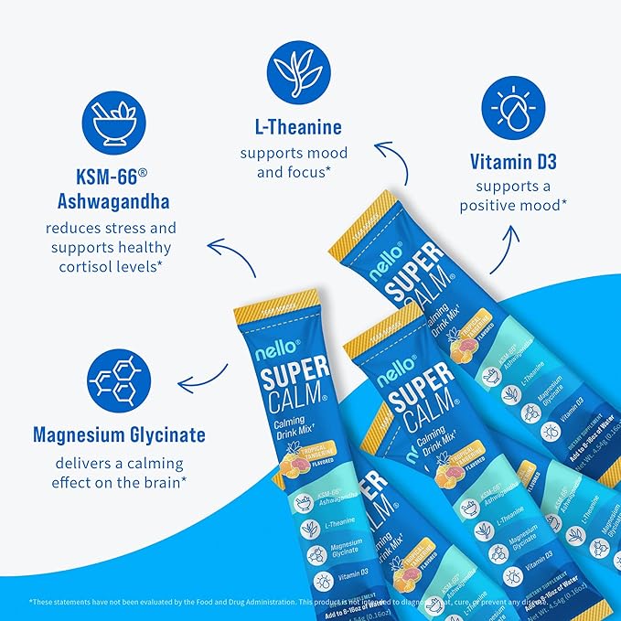 Nello Supercalm Powdered Drink Mix, Cortisol Reducer* and Sleep Aid Supplement, L Theanine, Ksm-66 Ashwagandha, Magnesium Glycinate, Vitamin D 3, No Sugar, Non GMO, 20 Ct, Tropical Tangerine