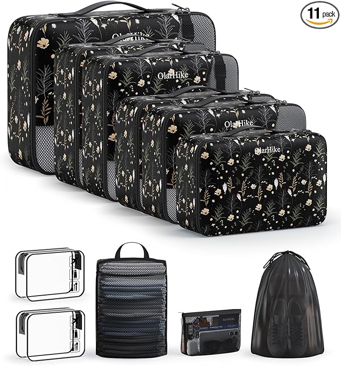 11 Set Packing Cubes for Travel, Gifts for Women Mom Kids, TSA Approved Bags for Makeup, Cosmetic, Toiletry, Suitcase Organizers for Checked Luggage,Cruise Essentials,Airplane Accessories,Black Floral