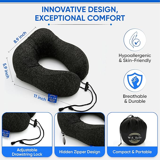 W.S. Sells Travel Neck Pillows for Airplanes - Pure Memory Foam with Ergonomic Design & Breathable Fabric - Travel Pillows for Airplanes & Cars - Set of Travel Essentials with Sleep Mask & Ear Plugs