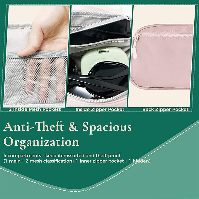 Anti-Theft Fanny Pack for Women & Men, Lightweight Secure Crossbody Waist Bag with Anti-Slip Adjustable Strap for Travel, Hiking, Running, Water-Resistant Belt Bag, Everyday Essentials Organizer Pink
