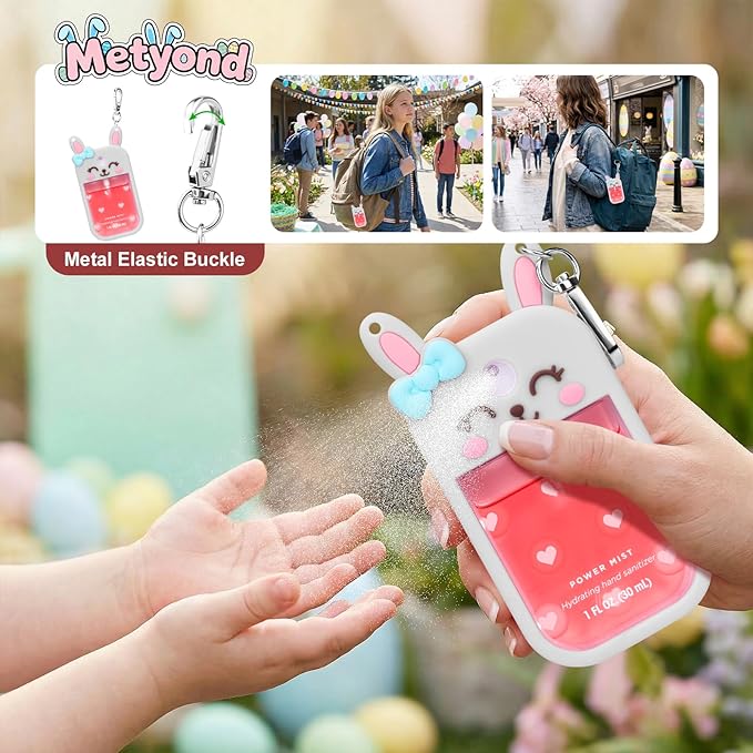 Metyond Rabbit Silicone Case for Touchland Hand Sanitizer Spray with Keychain, Compatible with Power Mist or Glow Mist 1 FL OZ/30ML for Touchland Case, Cute Travel Case for Easter Gifts (1 Pcs Gray)