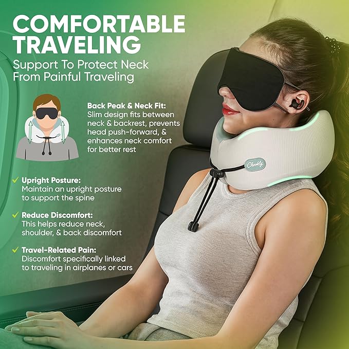 Memory Foam Travel Neck Pillow for Airplane Travel, Head and Chin Support, Adjustable Strap, Washable Cover, Carry Case
