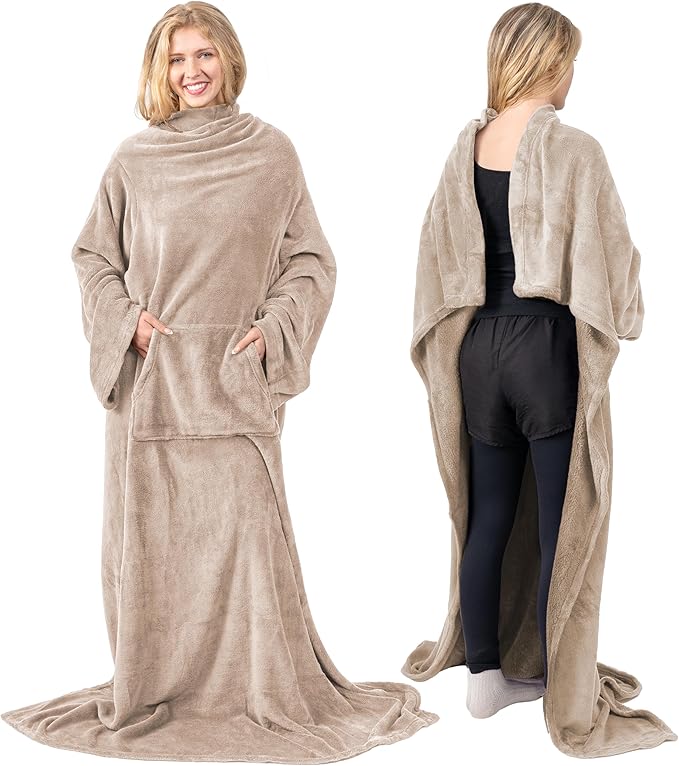 PAVILIA Blanket with Sleeves for Adult Women Men, Soft Warm Wearable Blanket Fleece Wrap Throw, Robe Blanket Gift