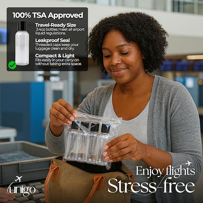 Travel Bottles Set for Toiletries - Leakproof Refillable Travel Size Containers, TSA Approved Bottles with Labels for Carry-On Travel (100ml)
