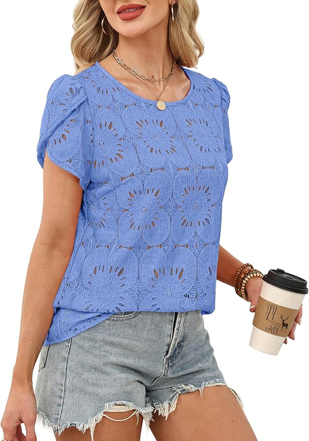OFEEFAN Blouses for Women Dressy Casual Petal Short Sleeve Shirts Crochet Lace Boho Tops Spring Fashion Summer Outfits